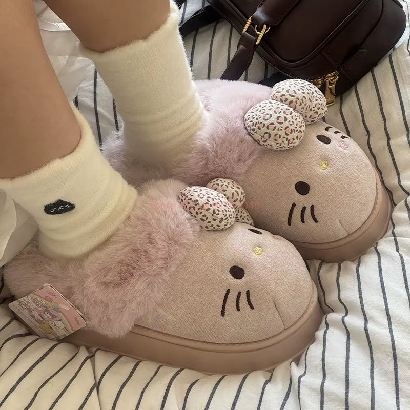 Hello Kitty Cartoon Casual Fluffy Slippers Women Anime Cute Indoor Warm Comfort Lightweight Bedroom Concise Winter Cotton Shoes