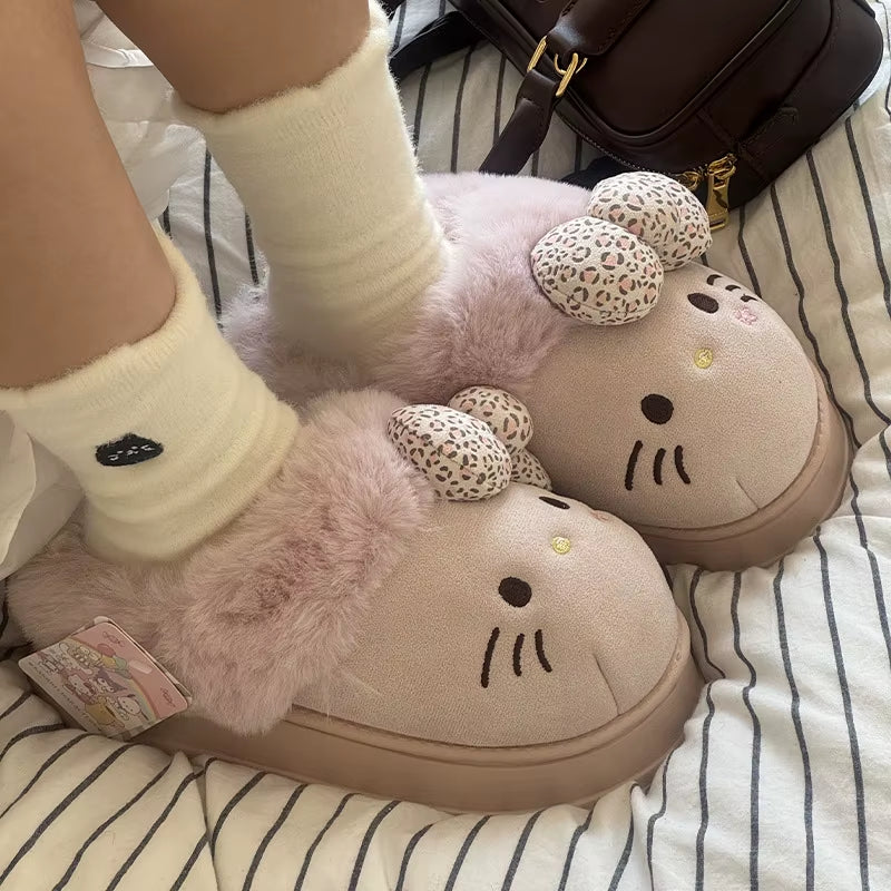 Hello Kitty Cartoon Casual Fluffy Slippers Women Anime Cute Indoor Warm Comfort Lightweight Bedroom Concise Winter Cotton Shoes
